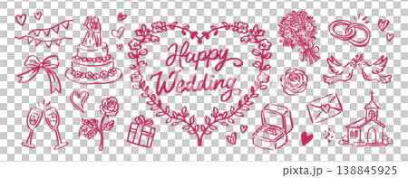 ハッピーウェディング 手描き風　結婚式　イラストセット 138845925