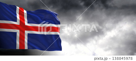 National flag of Iceland with dark clouds, 3D rendering. National flag of Iceland with dark clouds, 3D rendering. 138845978