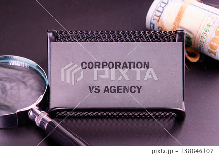 Corp vs Agency: Business structure financial review. Magnifying glass, cash Corp vs Agency: Business structure financial review. Magnifying glass, cash 138846107
