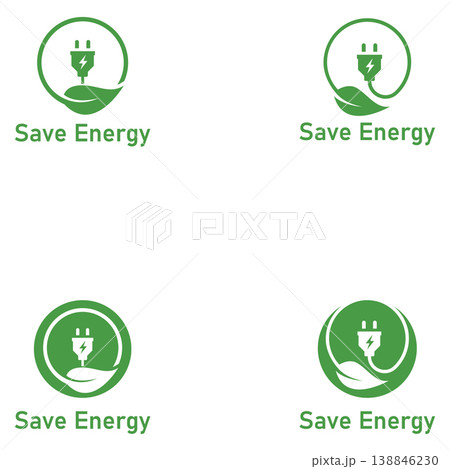 Save energy symbol. Energy icon with green leaf. Eco friendly  environmentally icons. Save energy logo  label  icon  badge  sticker  symbol  banner  circle  stamp  line  vector  isolated illustration. 138846230