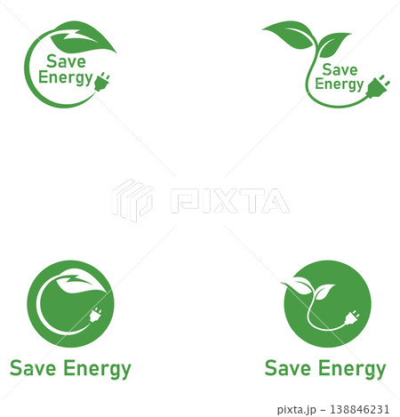 Save energy symbol. Energy icon with green leaf. Eco friendly environmentally icons. Save energy logo label icon badge sticker symbol banner circle stamp line vector isolated illustration. Save energy symbol. Energy icon with green leaf. Eco friendly environmentally icons. Save energy logo label icon badge sticker symbol banner circle stamp line vector isolated illustration. 138846231