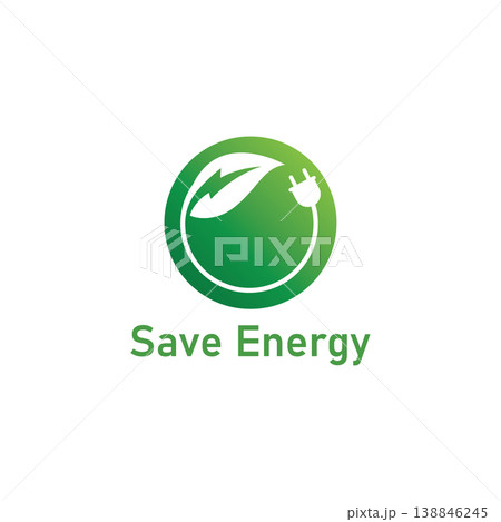 Save energy symbol. Energy icon with green leaf. Eco friendly  environmentally icons. Save energy logo  label  icon  badge  sticker  symbol  banner  circle  stamp  line  vector  isolated illustration. 138846245
