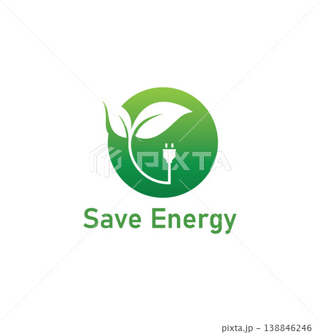 Save energy symbol. Energy icon with green leaf. Eco friendly environmentally icons. Save energy logo label icon badge sticker symbol banner circle stamp line vector isolated illustration. Save energy symbol. Energy icon with green leaf. Eco friendly environmentally icons. Save energy logo label icon badge sticker symbol banner circle stamp line vector isolated illustration. 138846246