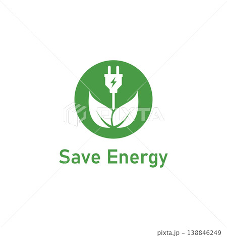 Save energy symbol. Energy icon with green leaf. Eco friendly environmentally icons. Save energy logo label icon badge sticker symbol banner circle stamp line vector isolated illustration. Save energy symbol. Energy icon with green leaf. Eco friendly environmentally icons. Save energy logo label icon badge sticker symbol banner circle stamp line vector isolated illustration. 138846249