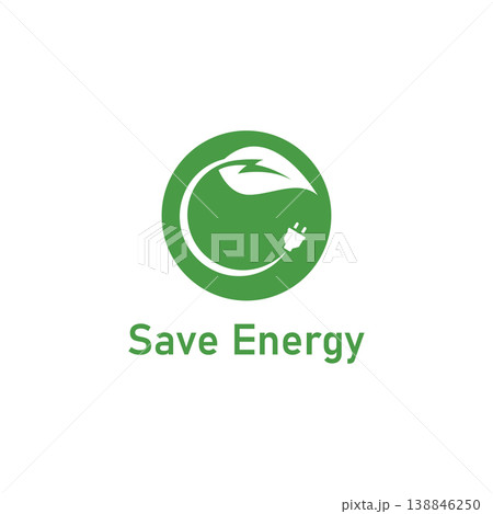 Save energy symbol. Energy icon with green leaf. Eco friendly  environmentally icons. Save energy logo  label  icon  badge  sticker  symbol  banner  circle  stamp  line  vector  isolated illustration. 138846250
