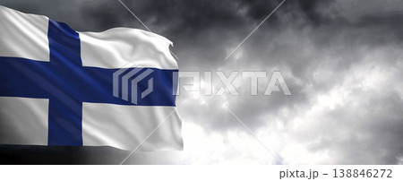 National flag of Finland with dark clouds, 3D rendering. National flag of Finland with dark clouds, 3D rendering. 138846272