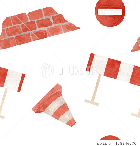 Watercolor seamless pattern with road barrier, traffic cones and red brick wall segment in red and white. Hand drawn transport themed illustration suitable for educational prints, children decor Watercolor seamless pattern with road barrier, traffic cones and red brick wall segment in red and white. Hand drawn transport themed illustration suitable for educational prints, children decor 138846370
