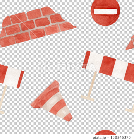 Watercolor seamless pattern with road barrier, traffic cones and red brick wall segment in red and white. Hand drawn transport themed illustration suitable for educational prints, children decor Watercolor seamless pattern with road barrier, traffic cones and red brick wall segment in red and white. Hand drawn transport themed illustration suitable for educational prints, children decor 138846370