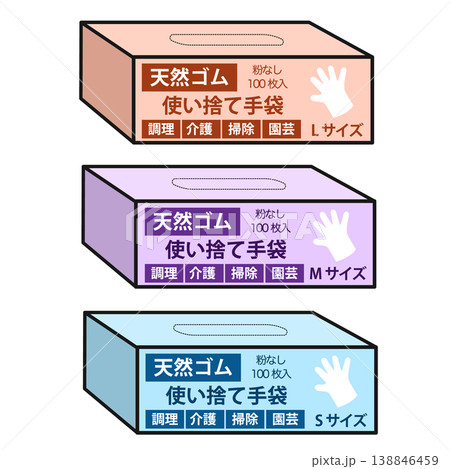 使い捨て手袋のパッケージ（天然ゴム・全サイズ） 138846459