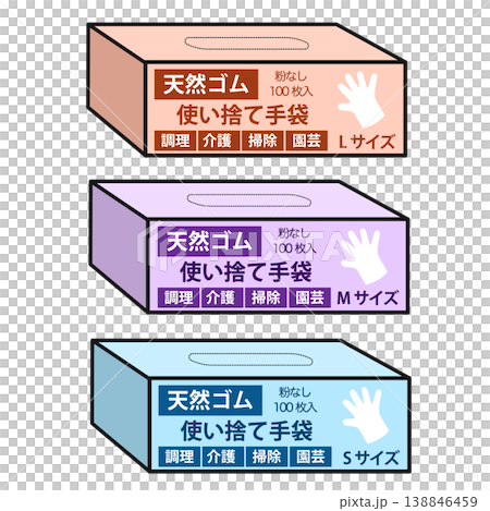 使い捨て手袋のパッケージ（天然ゴム・全サイズ） 138846459