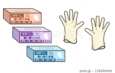 使い捨て手袋とそのパッケージ(天然ゴム・全サイズ) 使い捨て手袋とそのパッケージ(天然ゴム・全サイズ) 138846460