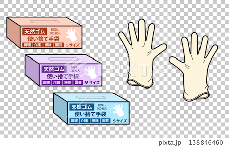 使い捨て手袋とそのパッケージ(天然ゴム・全サイズ) 使い捨て手袋とそのパッケージ(天然ゴム・全サイズ) 138846460