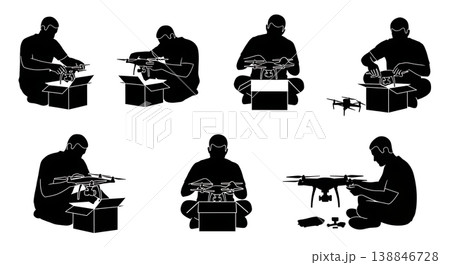 Black Solid Casual Unboxing New Quadcopter Operator Silhouettes Set of Six on White Background Black Solid Casual Unboxing New Quadcopter Operator Silhouettes Set of Six on White Background 138846728