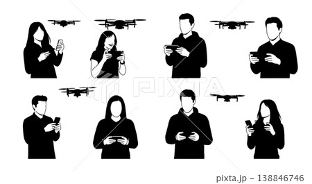 Black Solid Casual Smartphone Mini Drone Operator Silhouettes Set of Six on White Background Black Solid Casual Smartphone Mini Drone Operator Silhouettes Set of Six on White Background 138846746