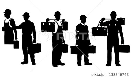 Black Solid Carrying Metal Toolbox Technician Silhouettes Set of Six on White Background Black Solid Carrying Metal Toolbox Technician Silhouettes Set of Six on White Background 138846748