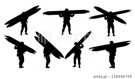Black Solid Carrying Pontoon Bridge Part Sapper Silhouettes Set of Six on White Background Black Solid Carrying Pontoon Bridge Part Sapper Silhouettes Set of Six on White Background 138846749