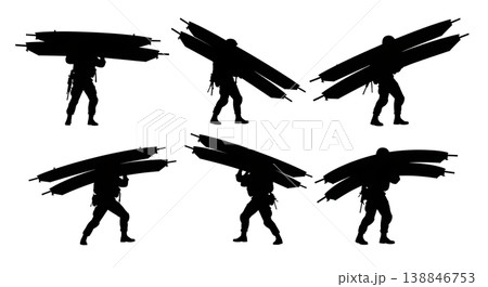 Black Solid Carrying Pontoon Bridge Part Sapper Silhouettes Set of Six on White Background 138846753