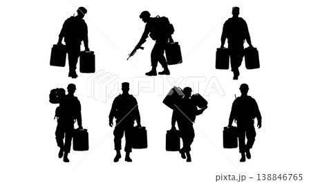 Black Solid Carrying Heavy Water Jerrycan Engineer Silhouettes Set of Six on White Background 138846765
