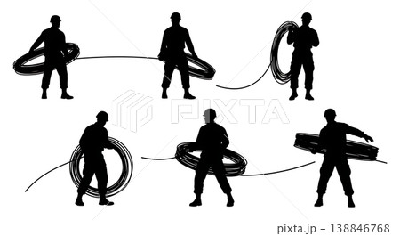 Black Solid Carrying Large Spool Wire Engineer Silhouettes Set of Six on White Background Black Solid Carrying Large Spool Wire Engineer Silhouettes Set of Six on White Background 138846768