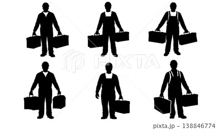 Black Solid Carrying Metal Toolbox Technician Silhouettes Set of Six on White Background 138846774