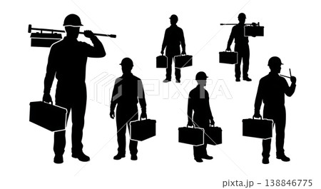 Black Solid Carrying Metal Toolbox Technician Silhouettes Set of Six on White Background 138846775