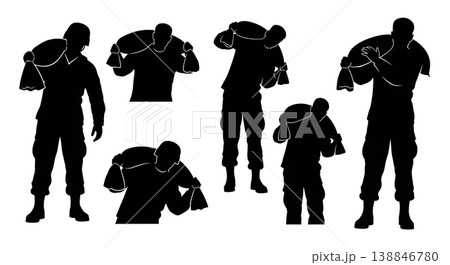 Black Solid Carrying Heavy Sandbag Shoulder Silhouettes Set of Six on White Background Black Solid Carrying Heavy Sandbag Shoulder Silhouettes Set of Six on White Background 138846780