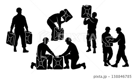 Black Solid Carrying Heavy Water Jerrycan Engineer Silhouettes Set of Six on White Background Black Solid Carrying Heavy Water Jerrycan Engineer Silhouettes Set of Six on White Background 138846785