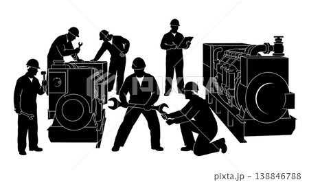Black Solid Cargo Ship Diesel Generator Repair Silhouettes Set of Six on White Background Black Solid Cargo Ship Diesel Generator Repair Silhouettes Set of Six on White Background 138846788