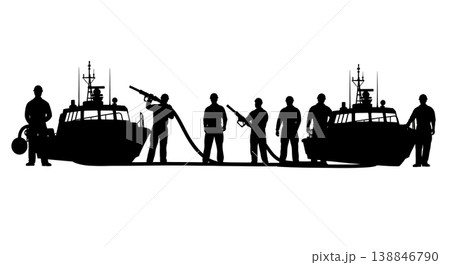 Black Solid Aircraft Carrier Catapult Testing Mechanics Silhouettes Set of Six on White Background 138846790