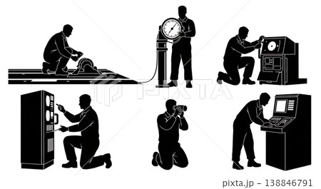 Black Solid Aircraft Carrier Catapult Testing Mechanics Silhouettes Set of Six on White Background 138846791