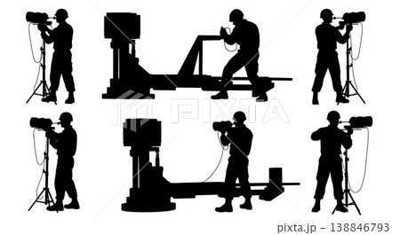 Black Solid Aircraft Carrier Catapult Testing Mechanics Silhouettes Set of Six on White Background 138846793