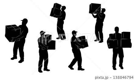 Black Solid Carrying Heavy Cardboard Box Part Mechanic Silhouettes Set of Six on White Background Black Solid Carrying Heavy Cardboard Box Part Mechanic Silhouettes Set of Six on White Background 138846794
