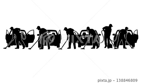 Black Solid Car Interior Vacuuming Silhouettes Set of Six on White Background Black Solid Car Interior Vacuuming Silhouettes Set of Six on White Background 138846809