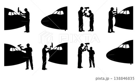 Black Solid Calibrating Angle Attack Sensor Technician Silhouettes Set of Six on White Background Black Solid Calibrating Angle Attack Sensor Technician Silhouettes Set of Six on White Background 138846835
