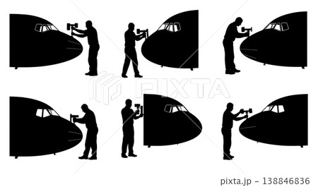 Black Solid Calibrating Angle Attack Sensor Technician Silhouettes Set of Six on White Background 138846836