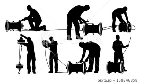 Black Solid Broken Roller Furling Drum Repair Silhouettes Set of Six on White Background 138846859