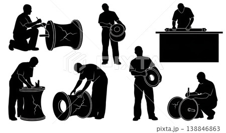 Black Solid Broken Roller Furling Drum Repair Silhouettes Set of Six on White Background Black Solid Broken Roller Furling Drum Repair Silhouettes Set of Six on White Background 138846863