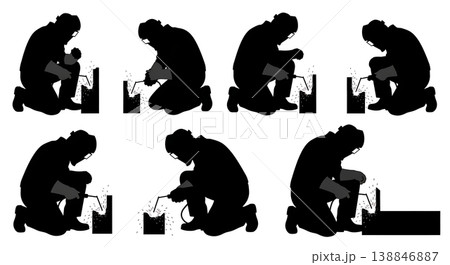Black Solid Broken Aluminum Skeg Welding Silhouettes Set of Six on White Background 138846887