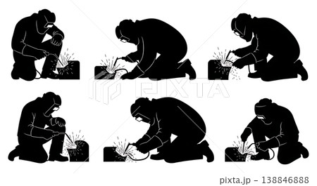 Black Solid Broken Aluminum Skeg Welding Silhouettes Set of Six on White Background Black Solid Broken Aluminum Skeg Welding Silhouettes Set of Six on White Background 138846888