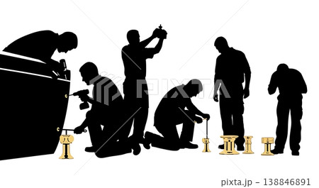 Black Solid Brass Thru Hull Fitting Installation Silhouettes Set of Six on White Background Black Solid Brass Thru Hull Fitting Installation Silhouettes Set of Six on White Background 138846891