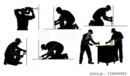 Black Solid Brass Thru Hull Fitting Installation Silhouettes Set of Six on White Background 138846892
