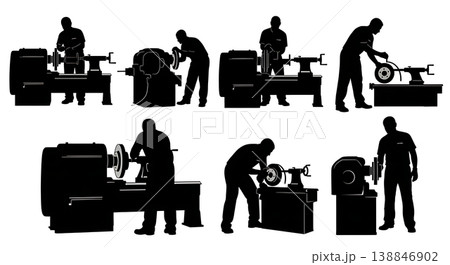 Black Solid Brake Rotor Lathe Resurfacing Silhouettes Set of Six on White Background Black Solid Brake Rotor Lathe Resurfacing Silhouettes Set of Six on White Background 138846902