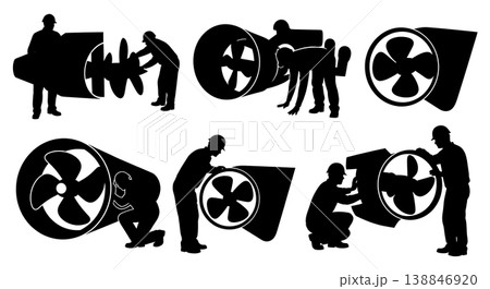 Black Solid Bow Thruster Propeller Inspection Silhouettes Set of Six on White Background 138846920
