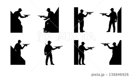 Black Solid Border Patrol Aerial Scanner Silhouettes Set of Six on White Background 138846926