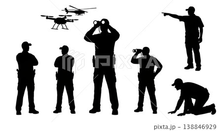 Black Solid Border Patrol Aerial Scanner Silhouettes Set of Six on White Background 138846929