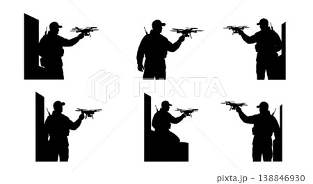 Black Solid Border Patrol Aerial Scanner Silhouettes Set of Six on White Background 138846930