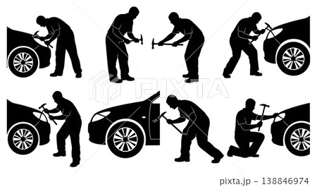 Black Solid Body Dent Pulling Slide Hammer Silhouettes Set of Six on White Background Black Solid Body Dent Pulling Slide Hammer Silhouettes Set of Six on White Background 138846974