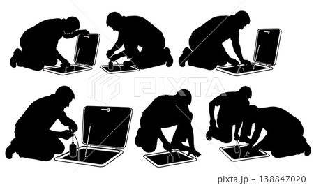 Black Solid Bilge Pump Float Switch Repair Silhouettes Set of Six on White Background Black Solid Bilge Pump Float Switch Repair Silhouettes Set of Six on White Background 138847020