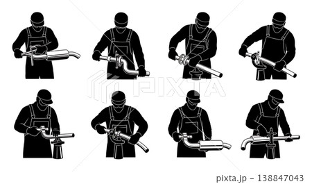 Black Solid Bending Custom Steel Exhaust Pipe Mechanic Silhouettes Set of Six on White Background Black Solid Bending Custom Steel Exhaust Pipe Mechanic Silhouettes Set of Six on White Background 138847043