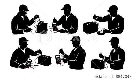 Black Solid Battery Multimeter Testing Silhouettes Set of Six on White Background 138847048